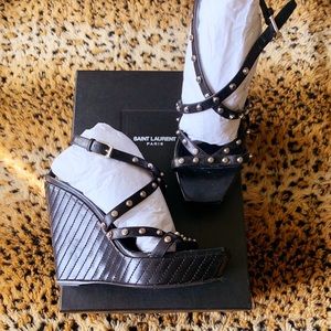 Saint Laurent Black Leather Studded Wedge Sandals